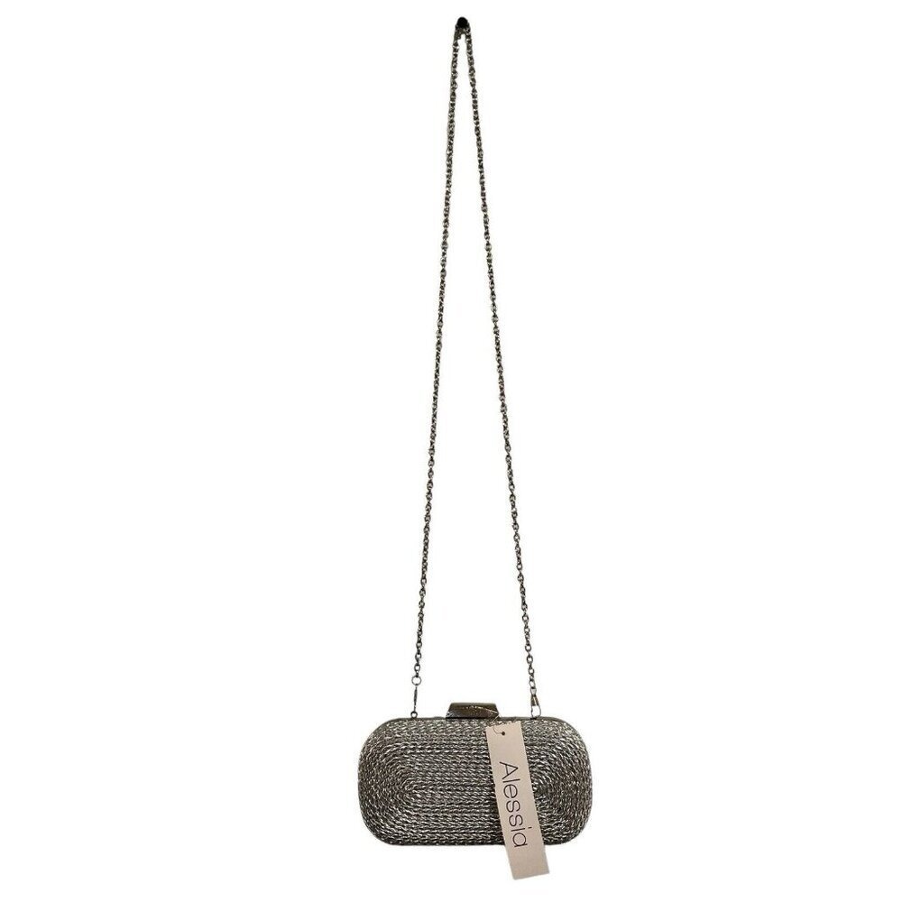Alessia Clutch Purse Braided Silver Woven Detail Chain Strap Event Cocktail Prom